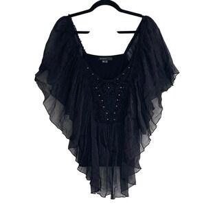 Vintage Y2K Black Crochet Embellished Sheer Ruffle Top Blouse Fairy Whimsigoth